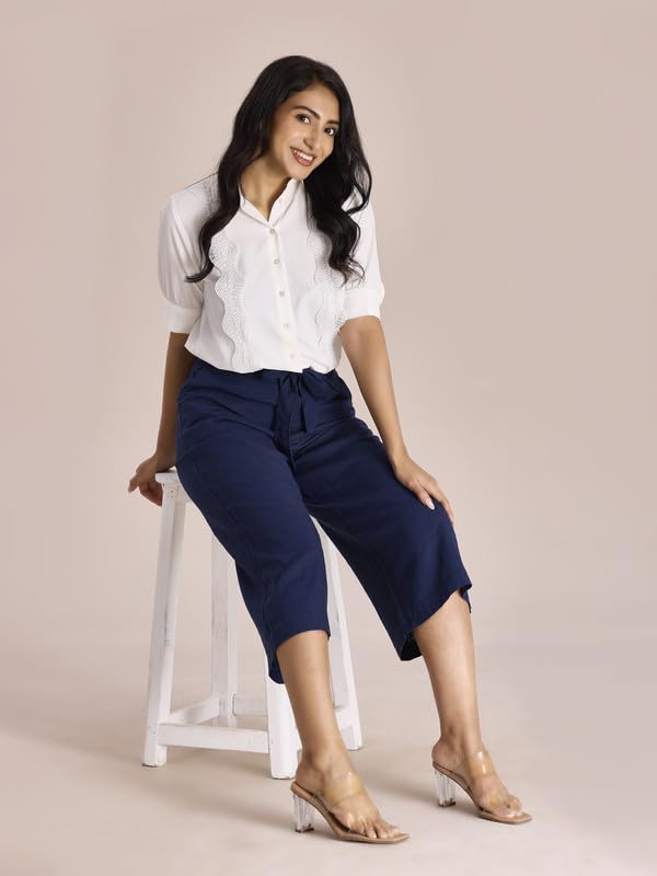 Image of GO COLORS Solid Linen Culottes for Women | High Rise, Side Pockets, Front tie-up