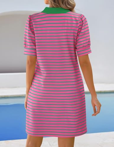 Image of ZESICA Womens Summer Striped T Shirt Mini Dresses 2026 Casual Lapel V Neck Short Sleeve Flowy A Line Beach Vacation Dress