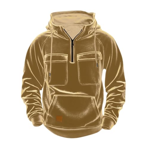 Men'S Gold Velvet Fleece Hoodie Quarter Zip Solid Warm Pullover With Pockets Long Sleeve Cargo Hooded Sweatshirt