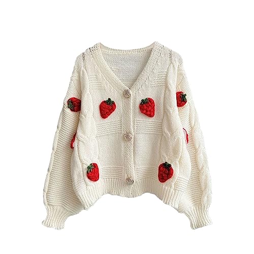 Womens Kawaii Strawberry Knit Cropped Sweater Cute Cardigan Aesthetic for Teen Girls Floral Y2k Korean School Uniform Jacket