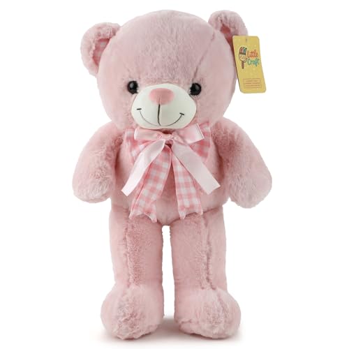 Image of Pink Teddy Bear Soft Toy for Kids, Girls & Boys | Cute Plush Stuffed Teddy with Ribbon Bow | Huggable Cuddly Toy for Birthday, Valentine's Day, Baby Shower & Gift