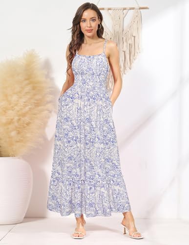 Image of GRACE KARIN Summer Dresses for Women 2026 Vacation,Smocked Floral Maxi Dress,Boho Beach Sundress with Pocket Fashion Clothing