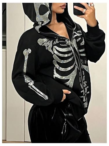 SOLY HUX Women's Y2k Gothic Graphic Hoodie Jacket Zip Up Sparkly Rhinestone Long Sleeve Hooded Sweatshirt Streetwear3