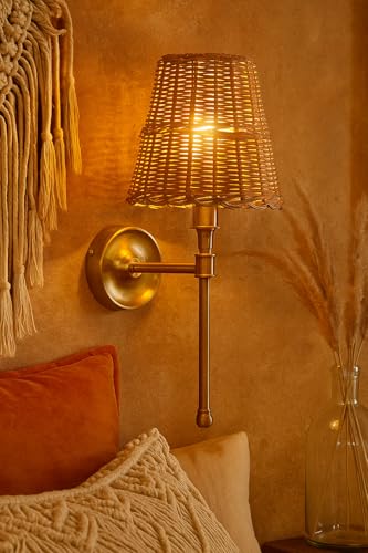 Image of AKWAY Antique Brass Finish Wall Lamps for Living Rooms with Bamboo Shade | Rattan and Cane Wall Lights for Bedroom | Wicker Wall scones - (Wicker Conical - Janya)