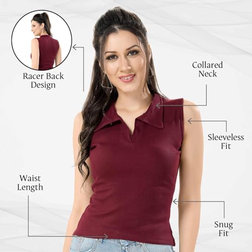 Image of TRASA Women's Sleeveless Rib Knitted Cotton Racer Back Tank Tops Collared Neck Crop Tank Tops - Available Sizes -XS, S, M,L,XL,2XL