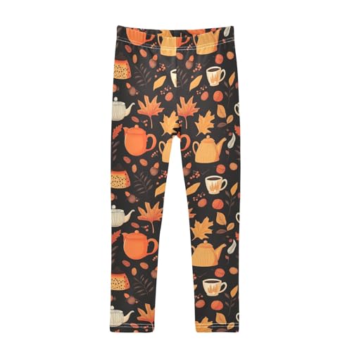 senya Girls Printed Leggings Yoga Pants Maple Leaves Tea Pot Cup Pattern for Kids in 4t to 10 Years, 4T