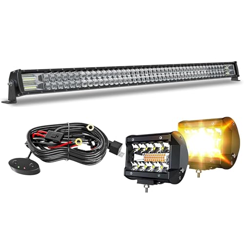 ASLONG 52 Inch LED Light Bar 300W Spot Flood Combo 2Pcs 4 Inch White/Amber Yellow LED Pods Fog Lights Wiring Harness Kit with Switch Offroad Driving Light for Pickup