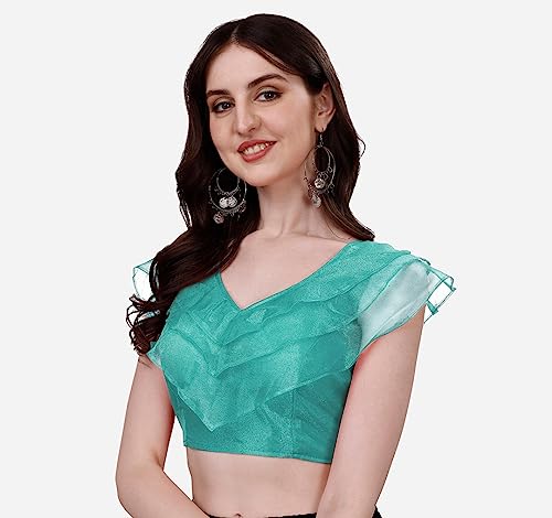 Image of Pujia Mills Women's V Neck Orgenza Three Layer Ruffle Sleeve Frill Readymade Saree Blouse