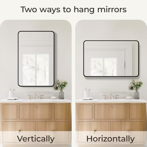 Image of USHOWER Black Bathroom Mirror for Over Sink 24 x 36 Inch, Metal Frame Rectangle Vanity Mirror, Modern Farmhouse, Wall Mounted