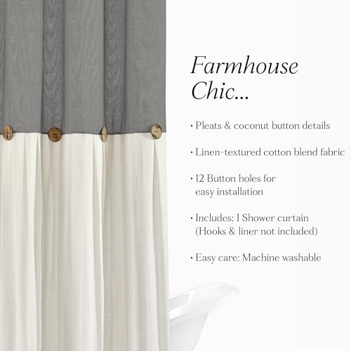 Image of Lush Decor Linen Button Shower Curtain, 72 inch W x 72 inch L, Dark Gray & Off White - Gray Shower Curtain Fabric - Bathroom Curtain - Farmhouse Bathroom Decor