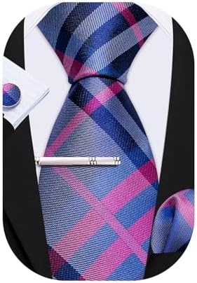 Barry.Wang Men Ties Stripe Check Silk Necktie Pocket Sqaure Cufflink Tie-Clip 4PCS Set Classic Business Wedding Necktie