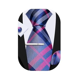 Barry.Wang Men Tie Stripe Plaid Silk Ties Pocket Sqaure Cufflink Tie-Clip 4PCS Set Classic Business Wedding Necktie