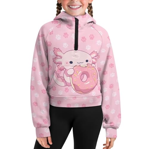 1/2 Zip Raglan Hooded Sweatshirt for Girls Loose Hoodie with Kangaroo Pocket Crop Pullover Tops for 5-14 Years