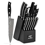 NANFANG BROTHERS Damascus Kitchen Knife Set 14 Pieces with Shears & Sharpener - VG10 Damascus Steel, ABS Ergonomic Handle, Wooden Block Storage Black