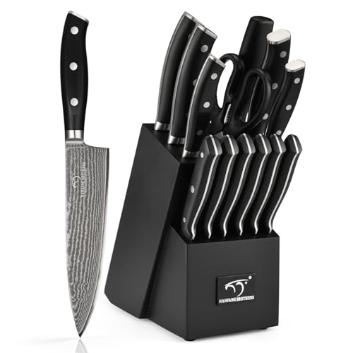 NANFANG BROTHERS Damascus Kitchen Knife Set 14 Pieces with Shears & Sharpener - VG10 Damascus Steel, ABS Ergonomic Handle, Wooden Block Storage Black