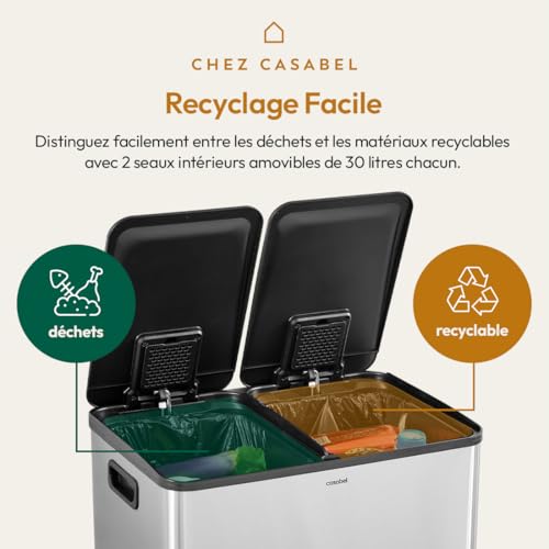 Kitchen Waste Bin 60 L – 2 x 30 Litre, Double Compartments 2 x 30 L, Brushed Stainless Steel, Rectangular Recycling Bin with Pedals, Anti-Smell, French Company