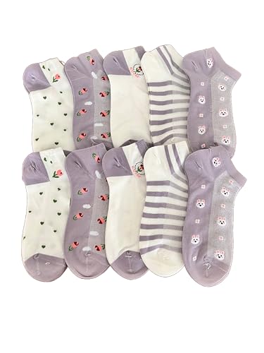 Image of Women's Ankle Socks with Cute Patterns, Combed Cotton, 10 Pairs