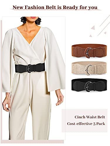 Satinior 3 Pieces Wide Women Waist Belt Stretchy Cinch Belt Leather Elastic Belt For Ladies Dress Decoration, Black, Khaki, Beige, One Size #TOP2