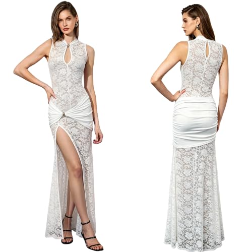 Image of PORRCEY Women's Sexy Rhinestone Lace Sheer Mesh Formal Evening Dress