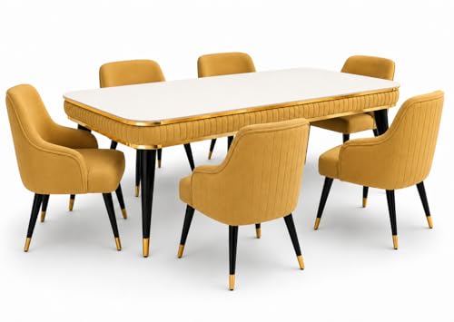 Image of WOODEN SPACE 6-Seater Wooden Dining Table Set | Nano Composite Marble Top | Solid Wood Base | Modern Dining Room Furniture with 6 Chairs (Yellow Modern Zyro)