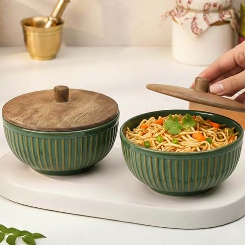 Image of The Earth Store Glam Green Ceramic Bowl Set of 2 - 500ML Each with Nob Wooden Lid | Mixing Bowls for Snacks, Rice, Dal, Fruits, Salad Microwave Safe Bowl with Lid Perfect Gifting & Daily Use