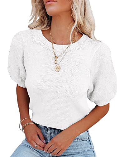 Image of Womens Short Sleeve Sweaters Crewneck Knit Pullover Tops 2025 Summer Casual Lightweight Crochet Blouse Shirt