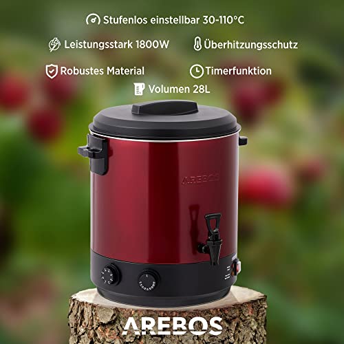 Arebos Einkochautomat 1800 W | Einkochtopf 28 L | mit Timer, Thermostat & Überhitzungsschutz | stufenlos einstellbar 30-110°C | Glühweinkocher | inkl. Einmachglasheber & Einmachtrichter | Rot
