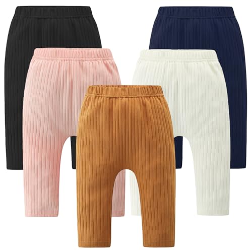 Image of Fullfamous Baby and Toddler Girl's 5 Pack Cotton Ribbed Pull On Pants Leggings 0-4 Years