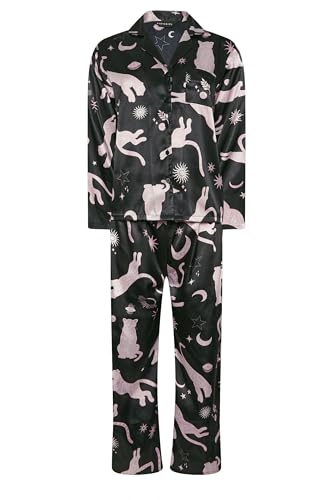 PixieGirl Petite Black Graphic Satin Button Pyjama Set Petite