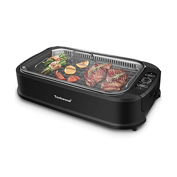 Indoor Grill, Techwood 1500W Smokeless Electric Grill with Non-Stick Grill Plates, Korean Grill with Temperature Control, Tempered Glass Lid