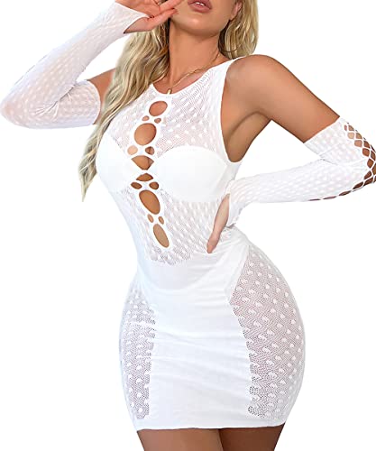 Buitifo Damen Sexy Dessous Kurzes Kleid aus Fischnetz Babydoll Bodysuit Netzs Flexibel Mini Kleid Nachtwäsche(XZQ,Weiß M)