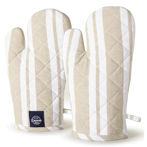 Encasa XO Long 12'x7' Oven Microwave Hand Gloves Mitts (2 pc Set) for Kitchen Cooking & Baking - Heat Resistant, Thick & Safe, Protection of Hands from Hot Utensils - Franca Beige Stripes