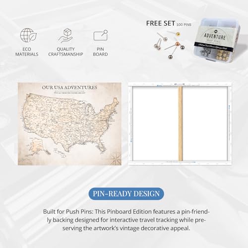 Image of IPIC - Vintage USA Map Pin Board Canvas Wall Art, Travel Map with Pins Included, Ready to Hang for Home or Office 30x24 Inch