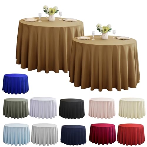 Image of 2-Pack Round 120-inch Coffee Table Cloths, Solid Stain and Wrinkle Resistant Circular Tablecloth, Premium Plain Weave Polyester Fabric Table Linen Covers for Hotel, Banquet
