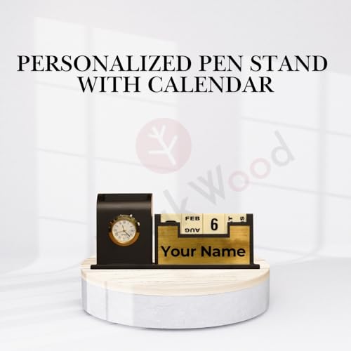 Image of Personalized Gold Pen Stand With Name, Table Watch, Calendar, Stationery & Wooden Desk Organizer - Custom Corporate Gift For Doctors, Office, Study, New Year Gift For Employees (Pen with stand)