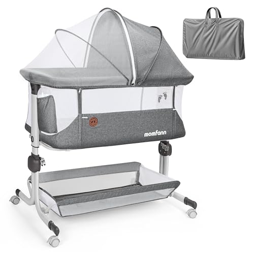 Image of MOMFANN Baby Bassinet Bedside Sleeper, Upgraded Stability Bedside Crib with Full Mesh Sides, Soft Sheet, 6-Height Adjustment, Storage Basket, Easy Folding Portable Bassinet for Newborns, Gray