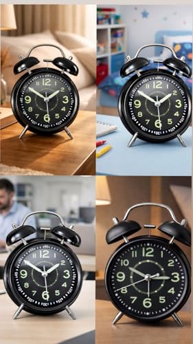 Image of CBK Analog Alarm Clock for Heavy Sleepers Loud Clock for Adults, Metal 4 Inches Twin Bell Table Clock with Backlight Alarm Clocks for Students Decoration Bedroom /Office (Metal Black Luminous)