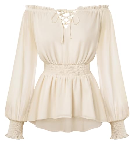 Scarlet Darkness Womens Renaissance Shirt Peasant Off Shoulder Tops Smocked Waist Long Sleeve Blouse Beige S