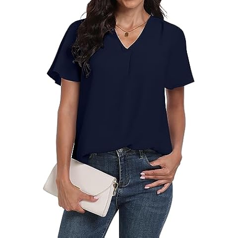 DUSDIMON Women's Summer Casual Ruffle Sleeve Chiffon Blouse V Neck Tops Loose Fit Tops(Drak Blue, L) Cover