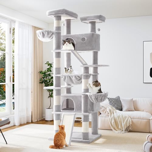 Image of Allewie 81 Inches Tall Cat Tree /Multi-Level Large Climbing Tree House and Towers for Big Feline /Condo and Hammock /Scratching Post /Wide Base /Grey