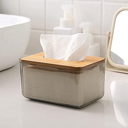 Tissue Holder, Facial Tissue Dispenser Box with Bamboo Wood Lid, Transparent Container, Modern Minimalist Design. Napkin Organizer for Bathroom, Bedroom, Living Room (Medium)