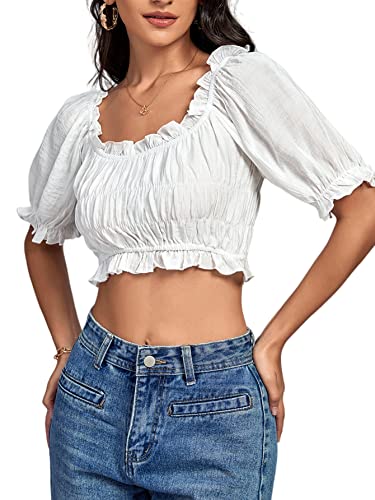 LYANER Women's Off Shoulder Ruffle Trim Ruched Short Sleeve Blouse Crop Top3