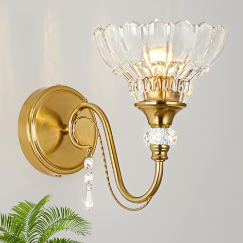 Image of 1 Piece Vintage Wall Sconce, 1-Light Brushed Gold Finish Wall Sconce with Hanging Crystal Accents and Flower-Shaped Clear Shades for Bathroom Bedroom Living Room,Vintage Vanity Light