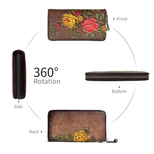 Image of Wallet Genuine Leather for Women - with RFID Blocking Card checkbook ID Slot Large Capacity Vintage style (rose coffee)
