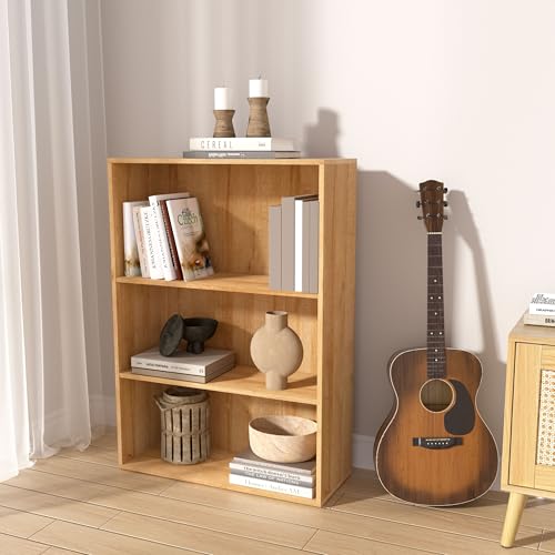 NewBeth Wooden 3 Tier Book Shelf,3 Cube Storage Organizer,3 Tier Low Bookcase Storage Display Organizer, 33 Inch Versatile Cubes Shelf and Cubby Unit for Any Space (Natural Oak, 3 Cube-W(23.6inch)