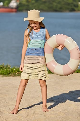 Image of Haloumoning Girls Color Block Crochet Knit Swim Cover up Kids Summer Sleeveless Beach Dress 5-14 Years