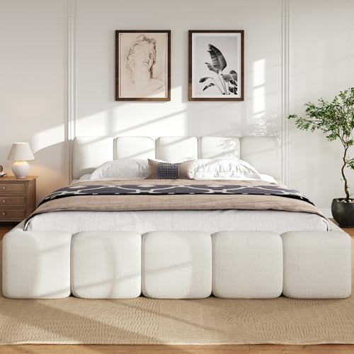 Image of Harper & Bright Designs Boucle Platform Bed with Thick Headboard, King Size Platform Bed Frame with Wood Sturdy Slats Support for Guest Room Bedroom, Space Saving, White