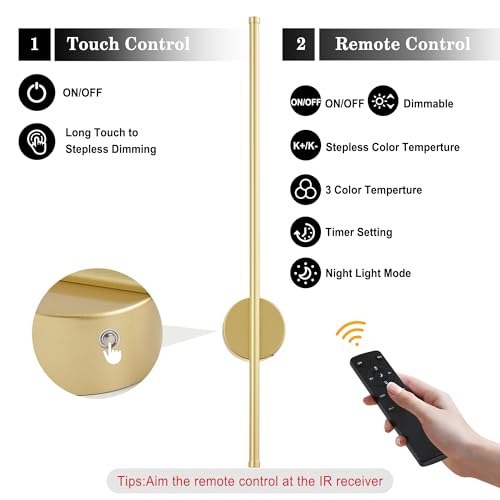 Image of Battery Operated Modern Wall Sconces,Dimmable Wireless Wall Light Set of Two with Remote Control,3 Color Temperatures,Rechargeable LED Wall Sconce for Bedroom,Living Room,Hallway,23.6 Inch, Gold
