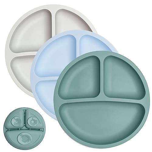 Image of Ullabelle Silicone Plates for Kids & Toddlers | 3 Pc Set | Skid Proof & Unbreakable | Divided Baby Plates | BPA Free, Non-Toxic | Dishwasher & Microwave Friendly | Kids Plates with Dividers (Blue)
