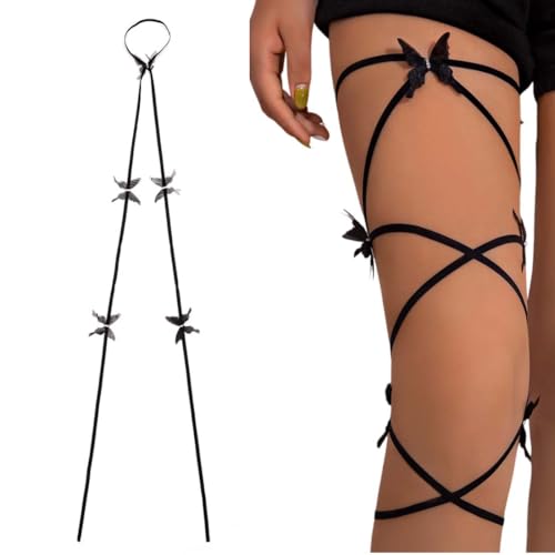 EIR Damen Sexy Elastische Bein Strumpfband,Schwarzes Elastisches Strumpfband,Schmetterling Doppel Gürtel Cross Bandage,Slip Chain,Rave Outfit Damen Sexy Techno,Für Cosplay Party,Music Festival